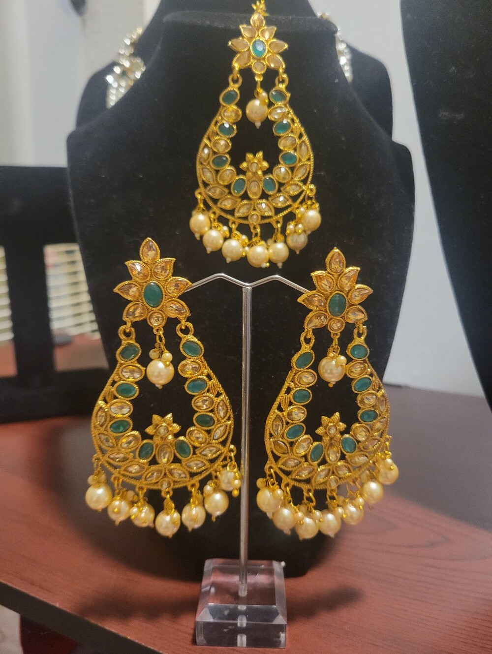 Gold-Tone Green Pearl Chandbali Earrings Set by